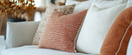 Coussins terracotta et blancs à motifs disposés sur un canapé blanc design - décoration tendance 2025