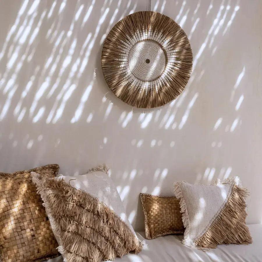 Suspension Murale Bohème raphia naturel et coton blanc - 60x60 Bazar Bizar