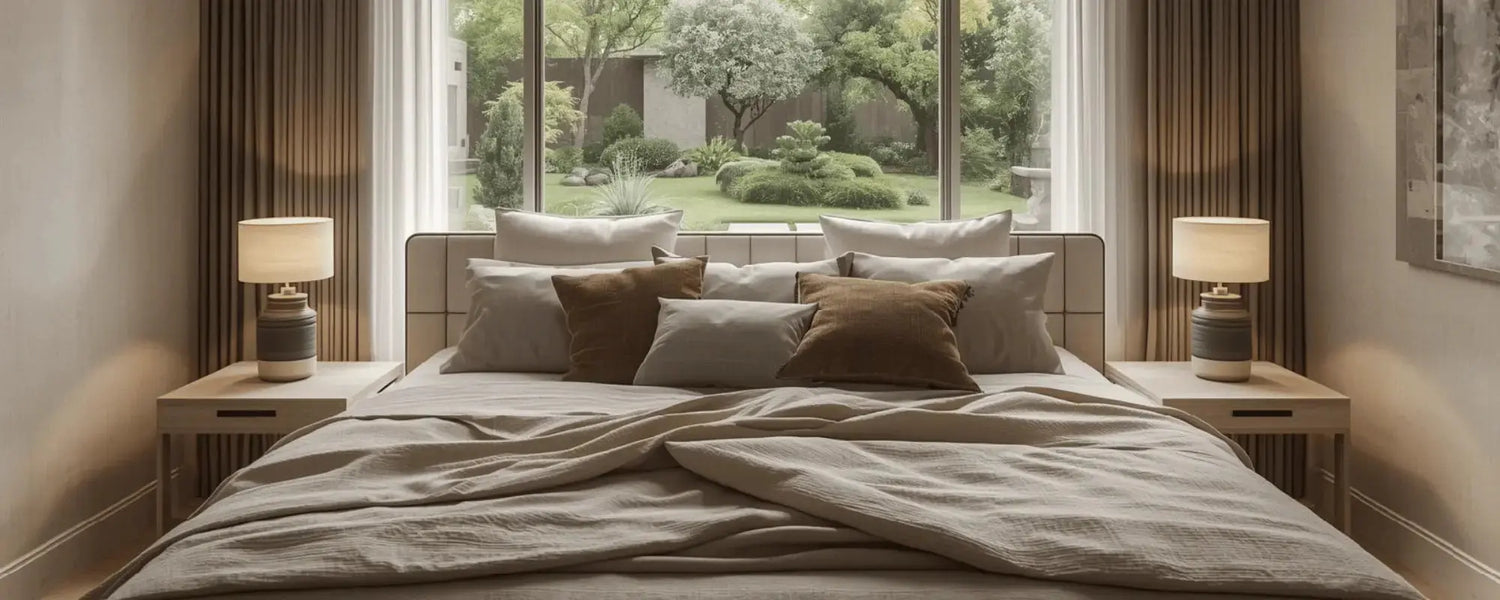 Chambre avec coussins et literie coordonnés en lin et coton - ambiance cosy et harmonieuse