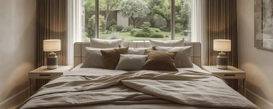 Chambre avec coussins et literie coordonnés en lin et coton - ambiance cosy et harmonieuse