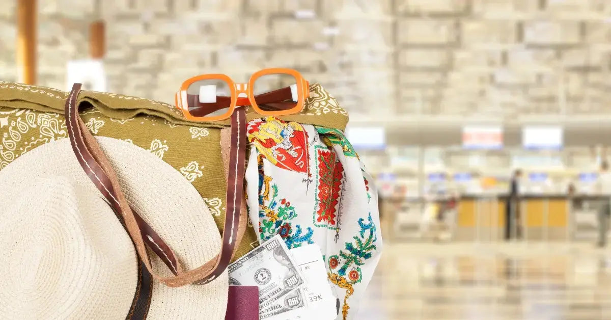 Sac de voyage posé dans un hall d'aéroport avec lunettes de soleil et chapeau, prêt pour le départ en avion