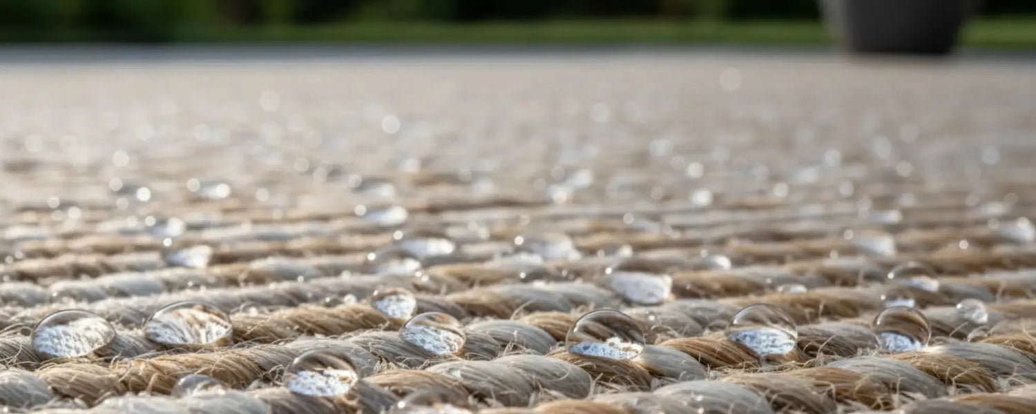 Détail d'un tapis extérieur résistant à la pluie, fibres imperméables et séchage rapide
