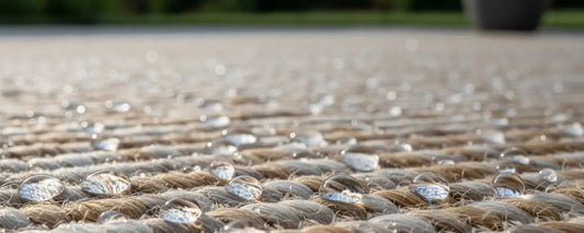 Détail d'un tapis extérieur résistant à la pluie, fibres imperméables et séchage rapide