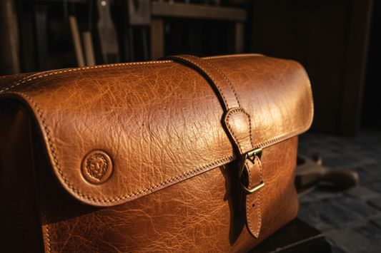 Sac en cuir pleine fleur naturel — grain visible, lumière dorée, ambiance luxe artisanal