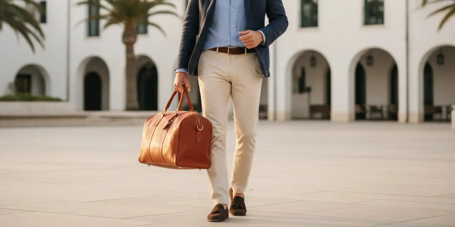 Homme élégant marchant avec un sac de voyage en cuir