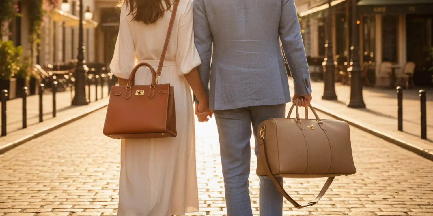 Couple de dos portant des sacs en cuir femme et homme, style élégant et intemporel