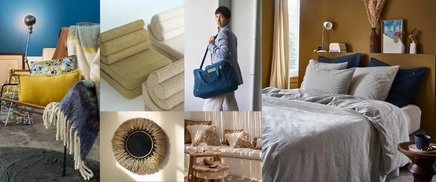 Vue d'ensemble des produits déco : coussins, housses, plaids, poufs et accessoires écoresponsables