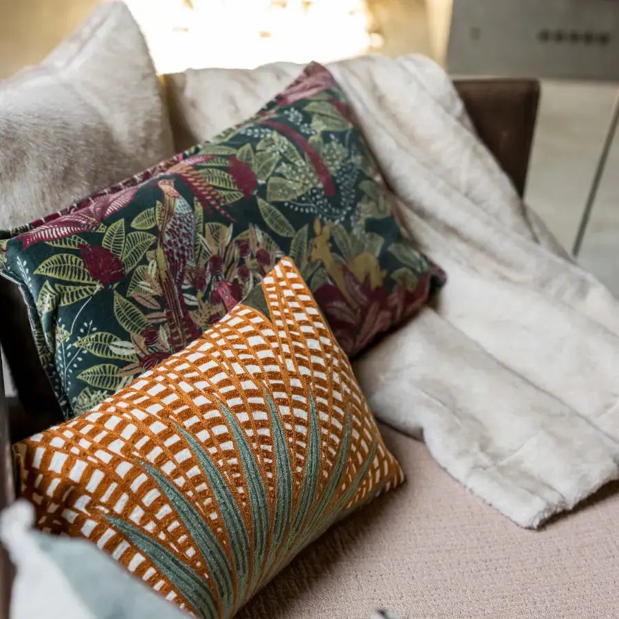 Coussin Brodé Ewan Fougère Rectangulaire - 100% coton - couleurs automnales Vivaraise