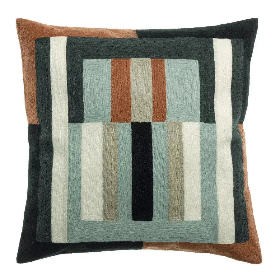 Coussin brodé graphique en coton Jason Cèdre - bandes rythmées - Vivaraise