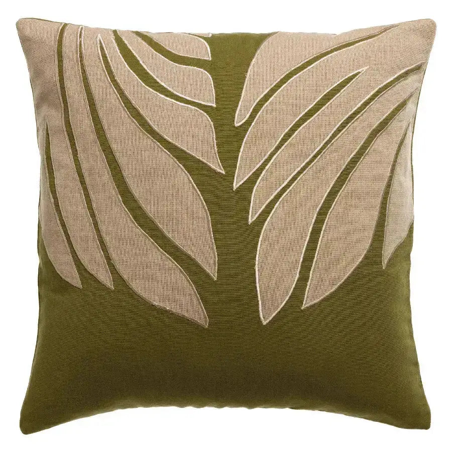 Coussin décoratif en lin et coton Nilos Cèdre - motif feuille appliqué - Vivaraise