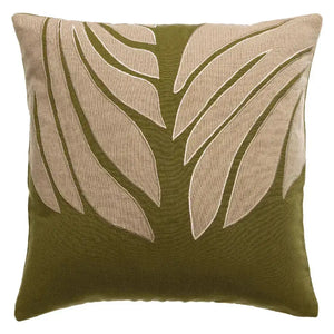 Coussin décoratif en lin et coton Nilos Cèdre - motif feuille appliqué - Vivaraise