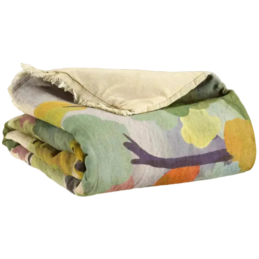 Édredon multicolore en lin Zeff Melio - 85x200 cm - motif aquarelle aux feuillages délicats - Vivaraise