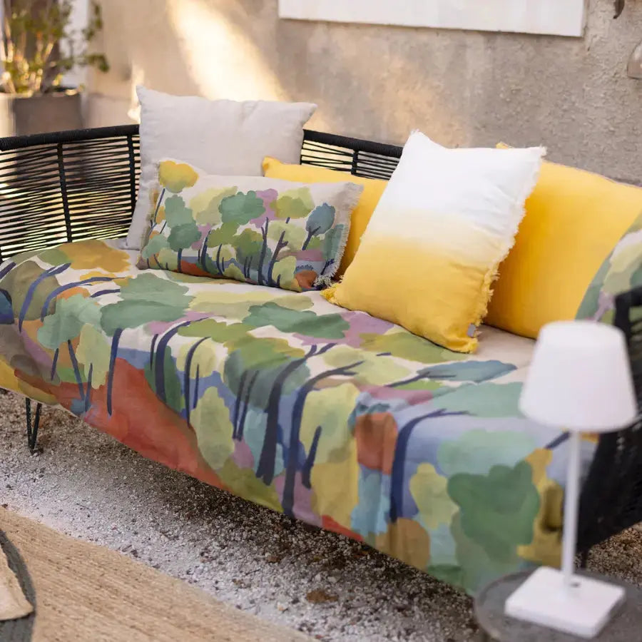 Édredon multicolore en lin Zeff Melio - 85x200 cm - motif aquarelle aux feuillages délicats - Vivaraise