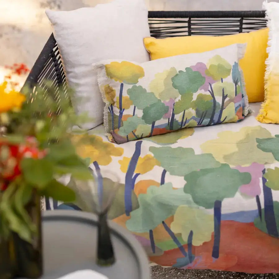 Édredon multicolore en lin Zeff Melio - 85x200 cm - motif aquarelle aux feuillages délicats - Vivaraise