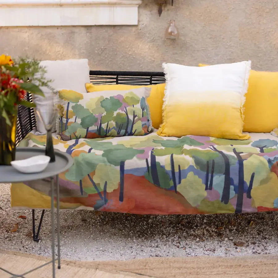 Édredon multicolore en lin Zeff Melio - 85x200 cm - motif aquarelle aux feuillages délicats - Vivaraise