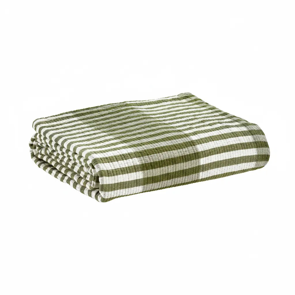 Jeté Calista Olive rayé blanc - Coton jacquard - 240x260 cm