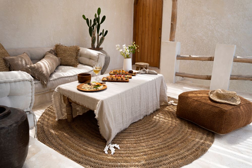 Pouf marron dans salon sur tapis table basse et canapé