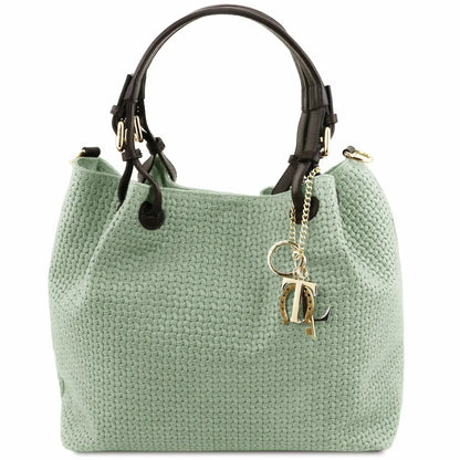 Sac Shopping en Cuir Imprimé Tressé - Vert menthe -TL KEYLUCK TL141573 Tuscany Leather