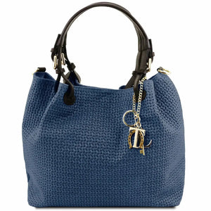 sac shopping en cuir imprime tressé bleu foncé - tl keyluck tl141573 - Tuscany Leather