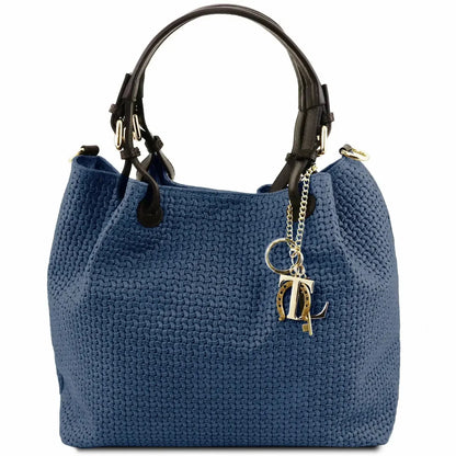 sac shopping en cuir imprime tressé bleu foncé - tl keyluck tl141573 - Tuscany Leather