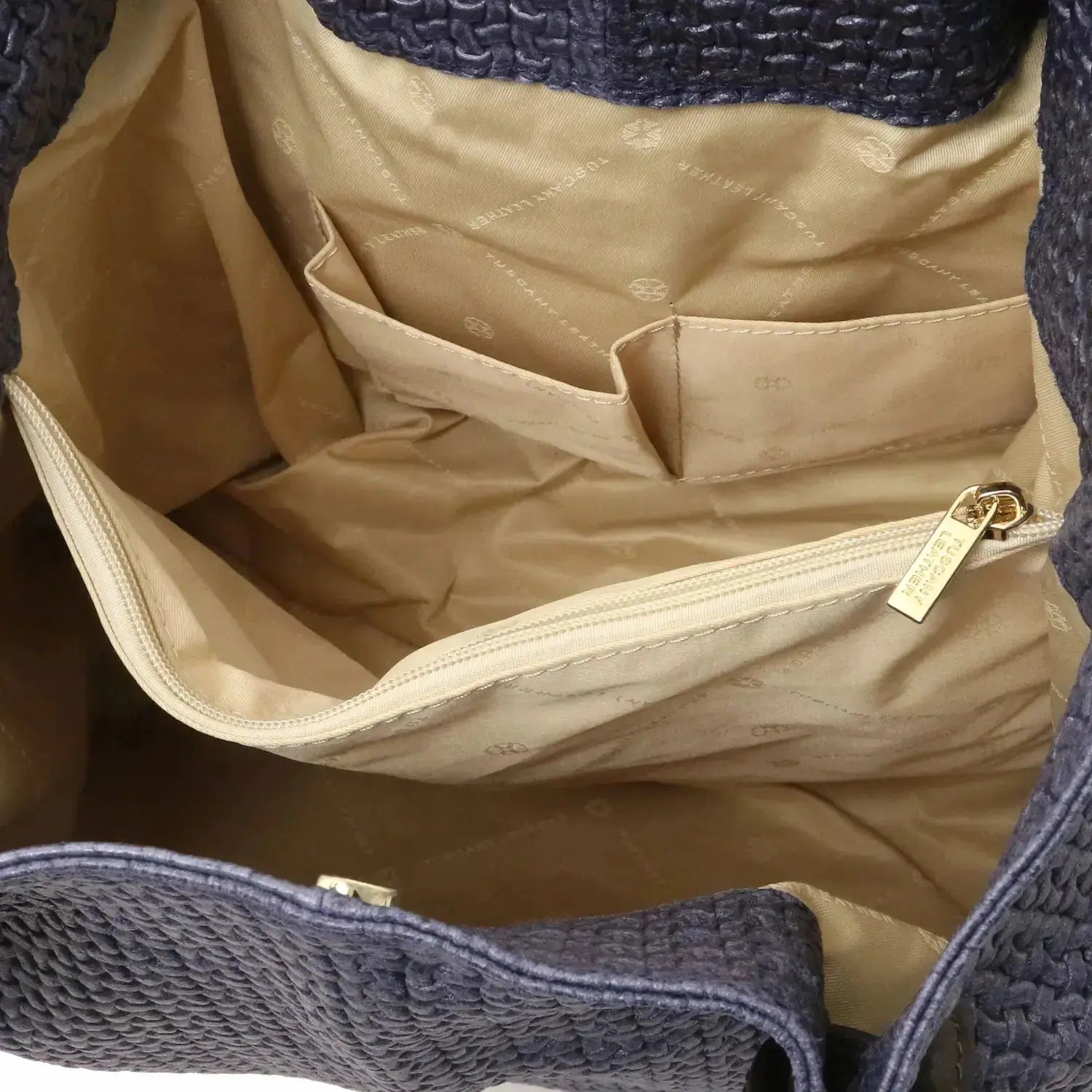Poches intérieures sac shopping en cuir imprime tressé bleu foncé - tl keyluck tl141573 - Tuscany Leather