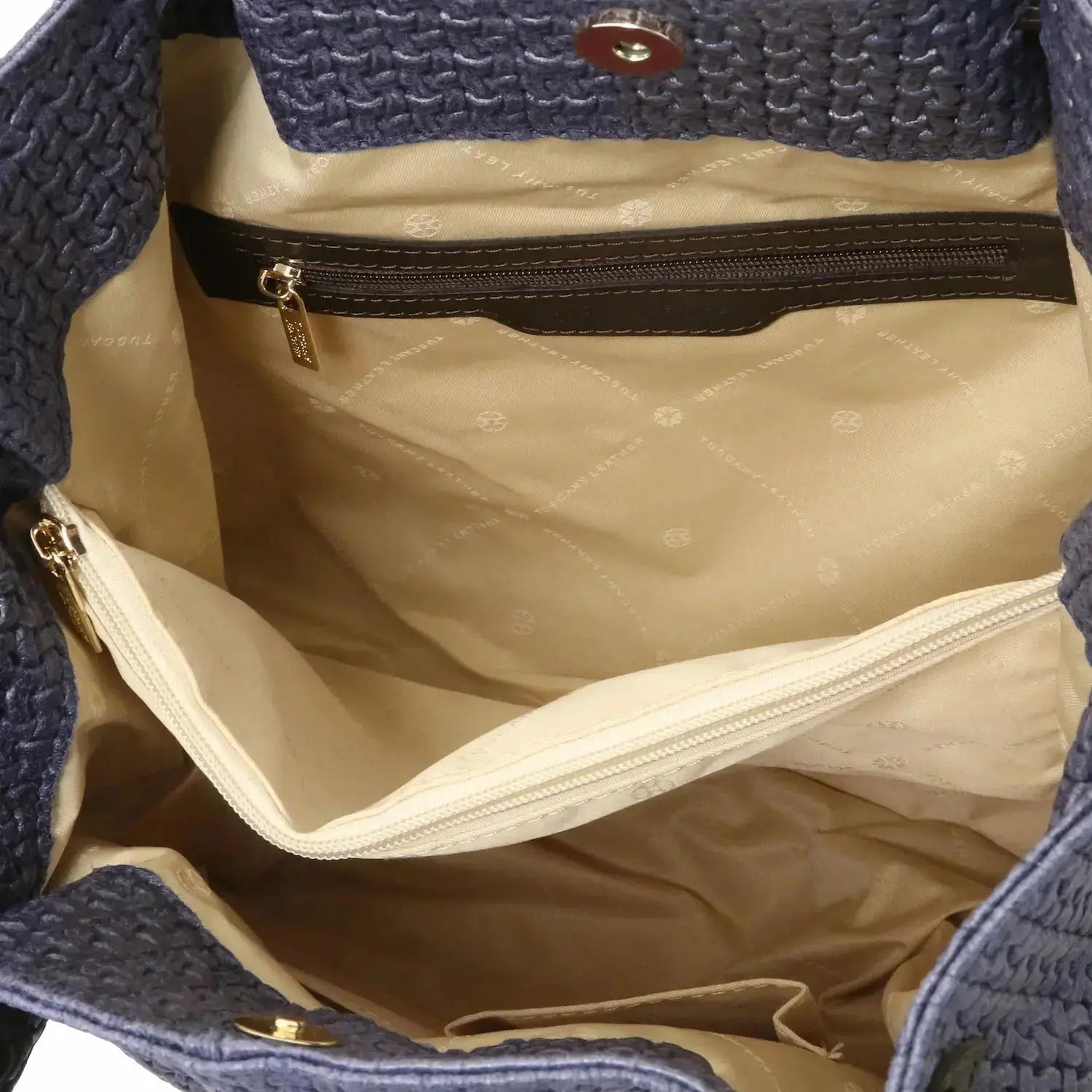 poches intérieures zippées sac shopping en cuir imprime tressé bleu foncé - tl keyluck tl141573 - Tuscany Leather