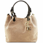 sac shopping en cuir imprime tressé beige - tl keyluck tl141573 - Tuscany Leather