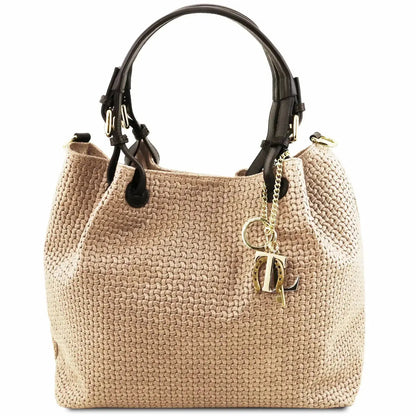 sac shopping en cuir imprime tressé beige - tl keyluck tl141573 - Tuscany Leather