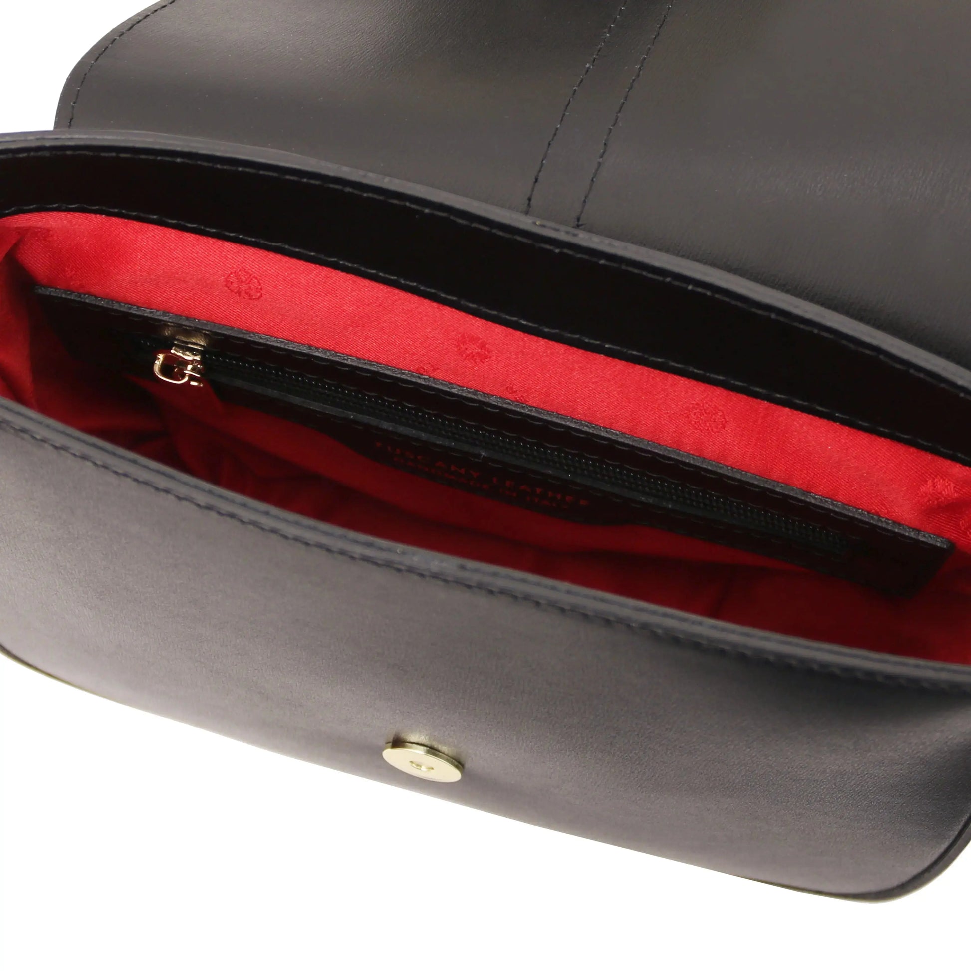 Sac bandoulière en cuir Nausica TL141598 - Cuir noir, intérieur rouge, poche zippée - Tuscany Leather