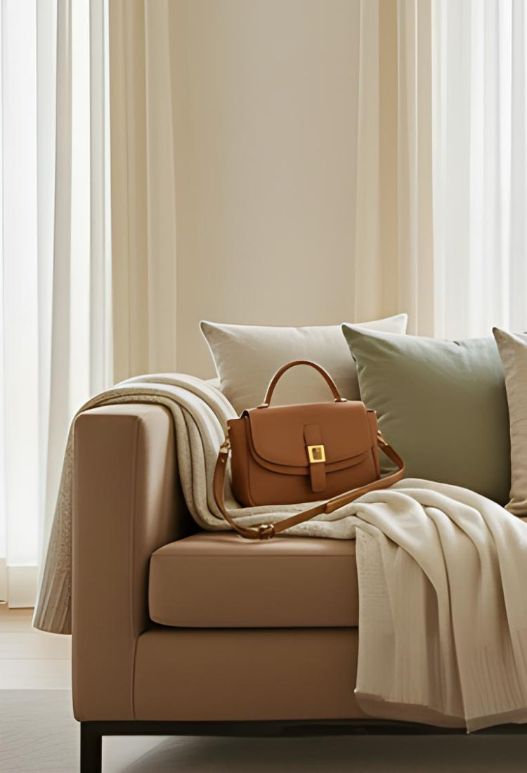 Coussins et plaid sur un canapé beige, sac à bandoulière posé sur le canapé