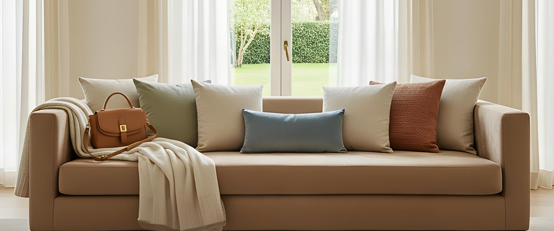 Coussins décoratifs sur canapé dans un salon lumineux, plaid sur accoudoir 