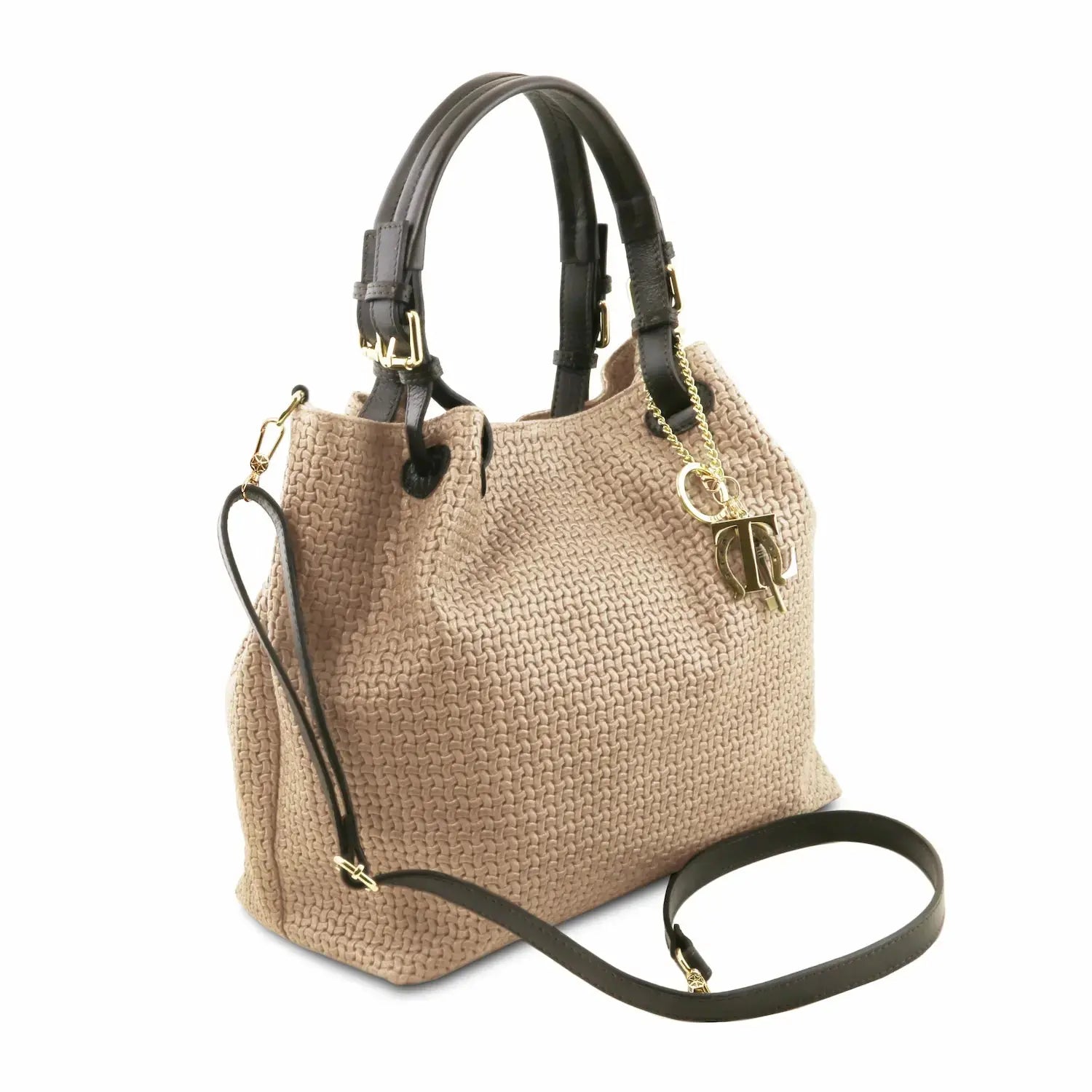 sac shopping en cuir imprime tressé beige avec bandoulière et porte-clés - tl keyluck tl141573 - Tuscany Leather