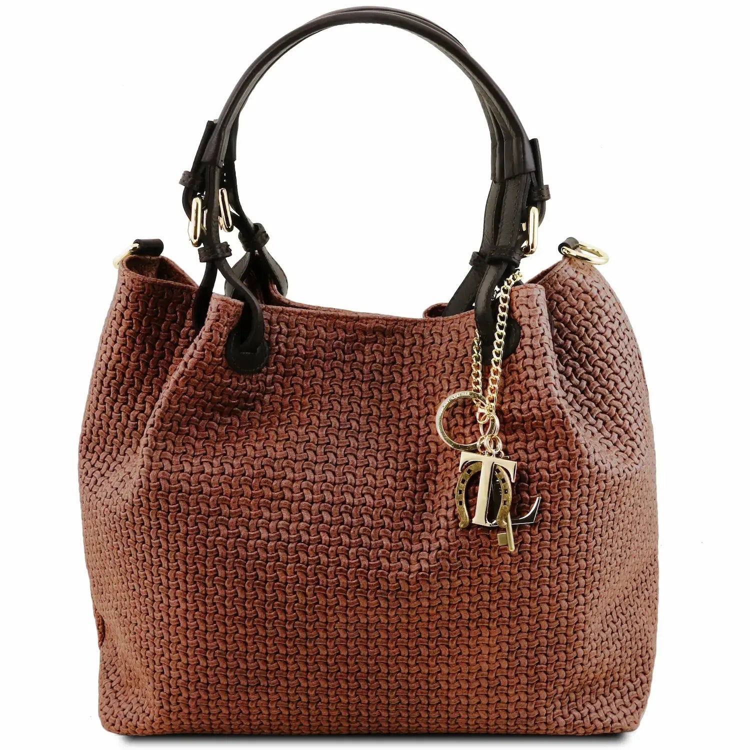sac shopping en cuir imprime tressé cannelle - tl keyluck tl141573 - Tuscany Leather