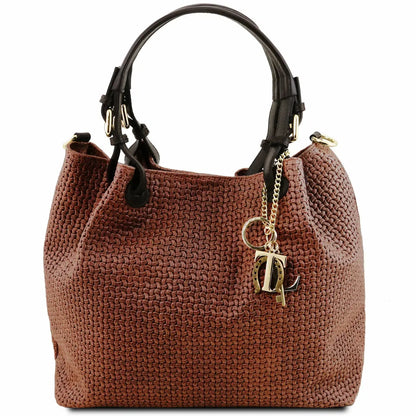 sac shopping en cuir imprime tressé cannelle - tl keyluck tl141573 - Tuscany Leather