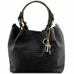 sac shopping en cuir imprime tressé noir - tl keyluck tl141573 - Tuscany Leather