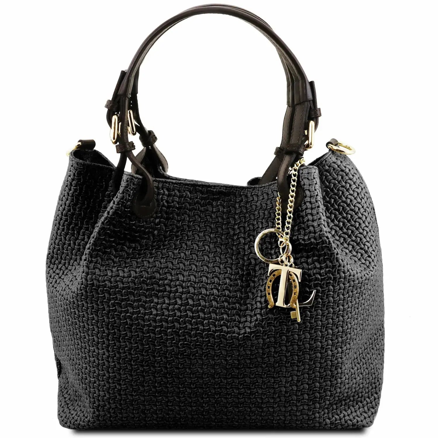 sac shopping en cuir imprime tressé noir - tl keyluck tl141573 - Tuscany Leather